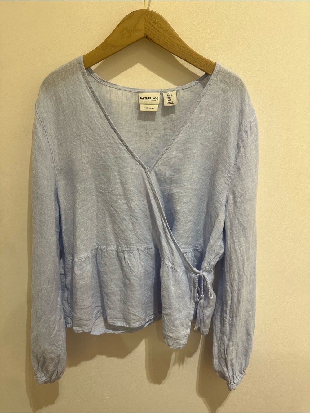 Rachel Zoe  Blue Linen Tie-Waist Peplum Blouse L
